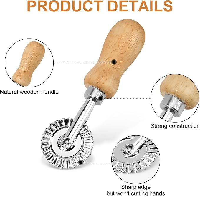 TACGEA Ravioli Stamp Maker Cutter with Roller Wheel (Set of 4), Wooden Handle and Fluted Edge, for Ravioli, Pasta, Dumplings Lasagna, Pierogi