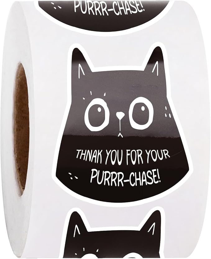 WRAPAHOLIC 1.77 x 2 Inch 500 Total Business Stickers Roll - Black Cat and Purrr-Chase Text Design, Thank You Lables, Shipping Stickers for Baby Shower and Party Decorations