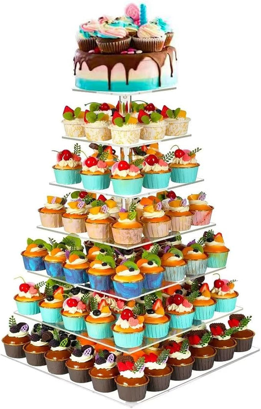 7 Tier Cupcake Stand for 100 Cupcakes, Cake and Cupcake Combo Dessert Tower Holder, Clear Acrylic Cupcake Riser, Large Pastry Cupcake Display for Birthday Wedding Party…