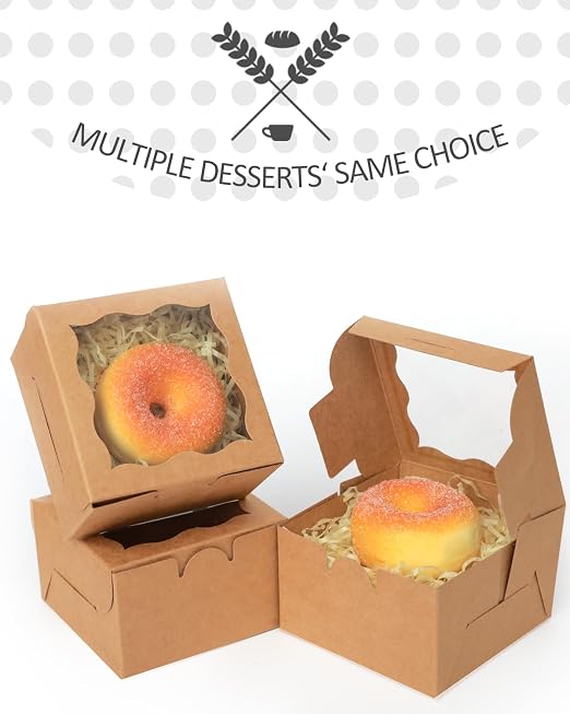 qiqee 200Pcs Brown Bakery Box with Window 4"x4"x2.5" Macaron Boxes Small Donut Pastry Boxes for Party Mini Cookie Boxes