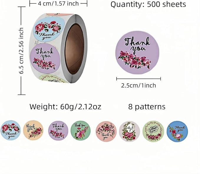 500pcs Floral Thank You Stickers Roll,1 Inch Circle Gift Seals for Packaging, 8 Patterns,Pink Rose Design,Bakery,Cards,Envelopes-Waterproof Adhesive Labels (Pink)