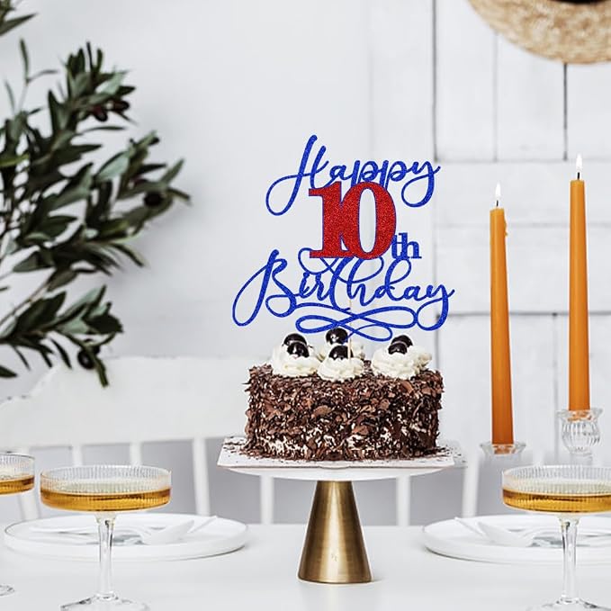 Happy 10th Birthday Cake Topper,Deep blue font red Numbers 10th Birthday Cake Decoration,Hello 10, Cheers to 10 Years/10th Anniversary,10& Fabulous Party Decoration