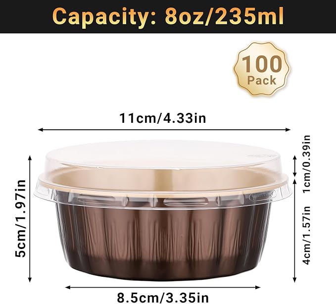 Beasea Disposable Baking Cups with Lids, 100 Pack 8oz Aluminum Foil Ramekins with Lids, 235ml Creme Brulee Muffin Cupcake Mini Pudding Baking Cups Tin for Party Birthday - Mocha Almond