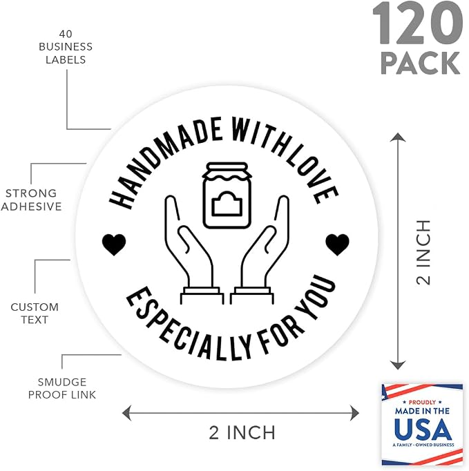 Andaz Press Round Small Business Sticker Labels, 120-Pack, Mason Jar Handmade with Love, Especially for You, Jam, Honey, Preserves Handmade Stickers for Packaging, Product Labels for Small Business