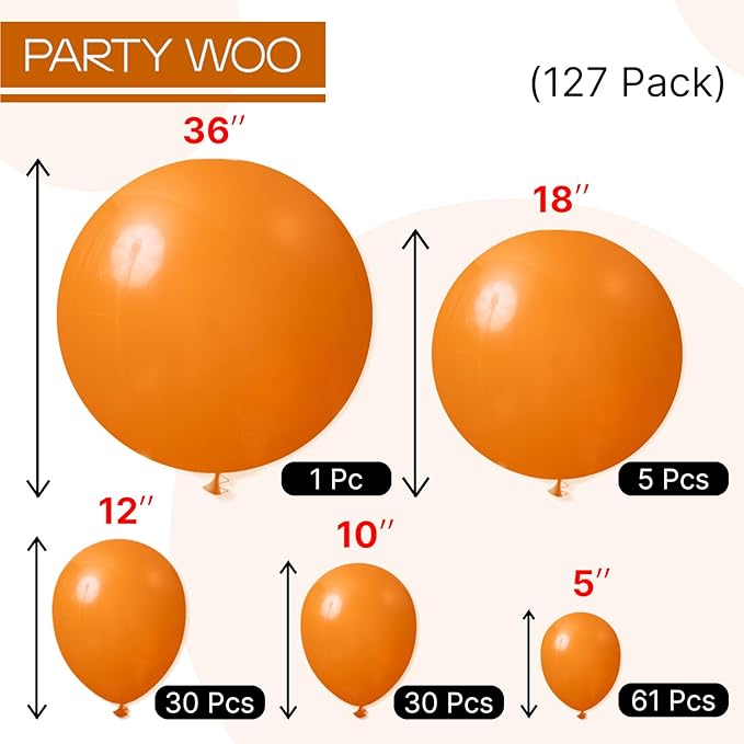 PartyWoo Burnt Orange Balloons 127pcs Different Sizes of 36 18 12 10 5 Inch Terracotta Rust Fall Color Autumn Boho Balloon Arch Kit Garland for Thanksgiving Halloween Fall Party Decorations Orange-F53