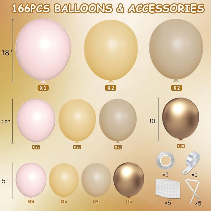 MEBAY Boho Pink Nude Neutral Balloon Arch Kit, 166Pcs Pastel Brown Maca Light Pink Nude Champagne Gold Balloons Garland for Baby Shower Gender Reveal Birthday Party Decoration