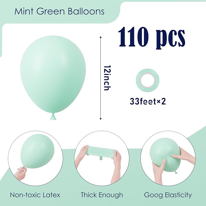 Voircoloria 110pcs Mint Green Balloons 12inch Pastel Green Latex Party Balloons for Baby Shower,Graduation, Wedding, Birthday, New Year, Anniversary Party Decorations
