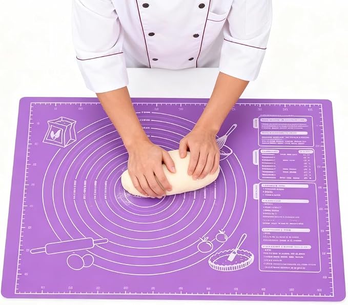 Large Silicone Pastry Mat, Purple, 23.6 x 18.3 inches, Non-Stick Baking and Kneading Mat with Measurements