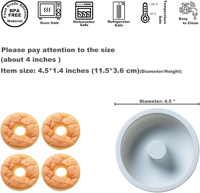 Small Size Silicone Donuts Pan Set, Non-stick Pastry Molds Cake Baking Molds for Bagel and Doughnut 4 Inches Cake Pans (Pack of 4, Blue)