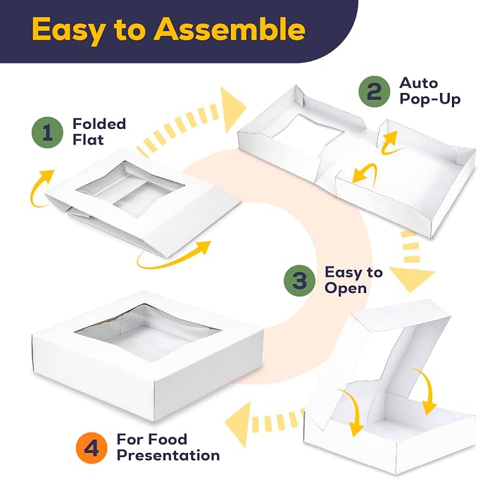 [25 Pack] Bakery / Pie Box with Window 10x10x2.5" - White Cardboard Packaging for Cupcake, Cookies and Pastry, Restaurant Containers And Personalized Favors