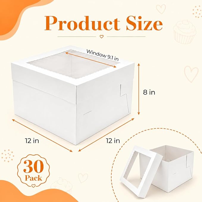 NPLUX Cake Boxes 12 Inch, 30 Pack 12x12x8 Cake Box with Window, White Cake Boxes with Separate Lid for Cakes, Pastries, Cookies, Bakery Orders and Gifting, Graduation Gifts Party Favors