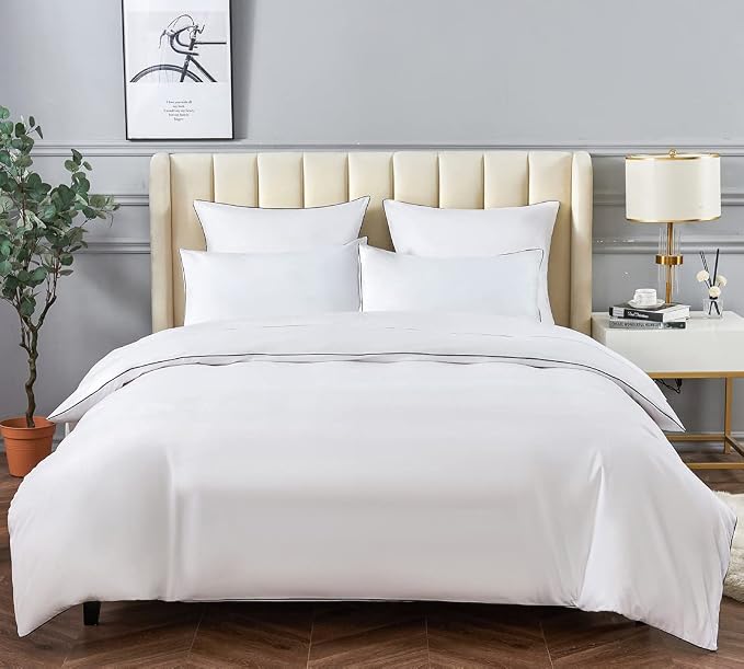 DAUAOTO Duvet Cover Full/Queen Set, White with Contrasted Black Piping Microfiber Bedding, 1 Zipper Closure Cover + 2 Standard Shams