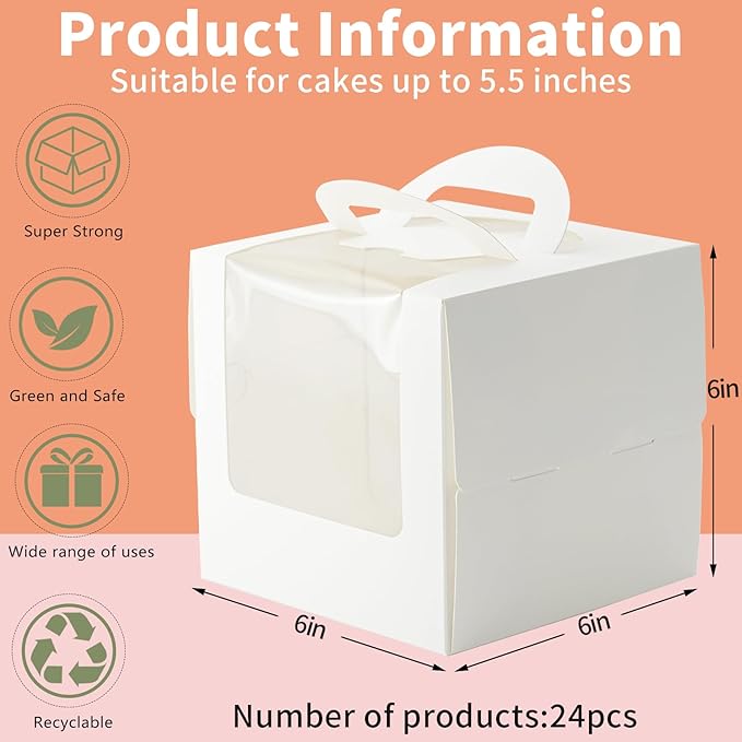 6 Inch Cake Boxes with Boards - 24 Pack White Pastry Boxes, 6x6x6 Inches with Handle for Cupcakes, Bento, Desserts, Christmas, Birthday, Wedding Party Favor