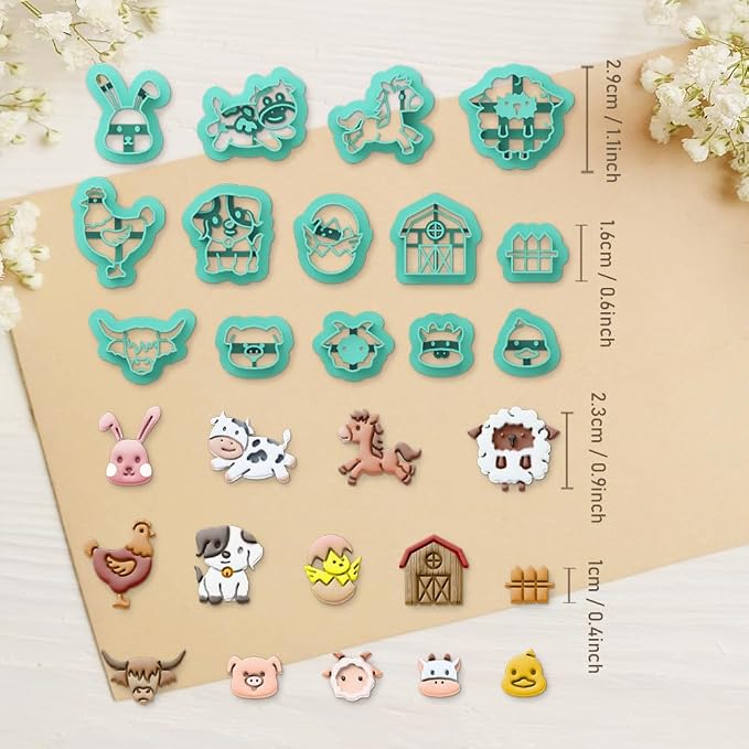 ORIGACH 14 Pcs Farm Animal Clay Cutters, Animal Shape Polymer Clay Cutter for Earring Making, Cow Rabbit Chicken Pig Lion Farm House Clay Cutters for Jewelry Making