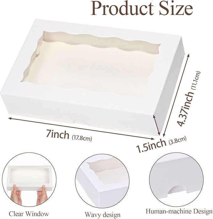 RomanticBaking 100 Pack White 7 x 4 3/8 x 1 1/2inches Cookies Boxes with Window Christmas Bakery Packaging for Macaron Treat Boxes Chocolate Truffle