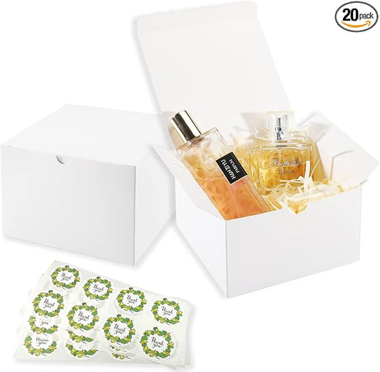 Frantis 20 Pack White Gift Boxes with Lids, 6x6x4 Inch Small Gift Boxes for Wedding Favors, Bridesmaid Proposal, Candles, Mugs, Treats & Retail Packaging, Includes Thank You Stickers