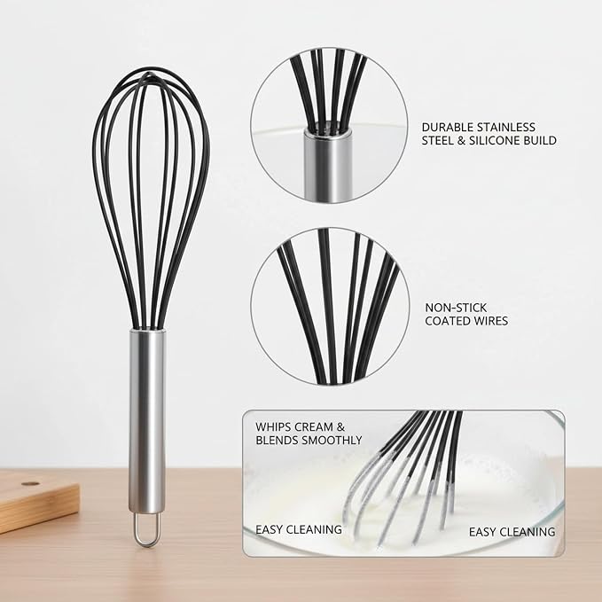 Silicone Whisk with Stainless Steel Core, Coated Wires for Non-Stick Cookware, Mixing Tool for Baking and Cooking, 9.6 Inch (1 PC)