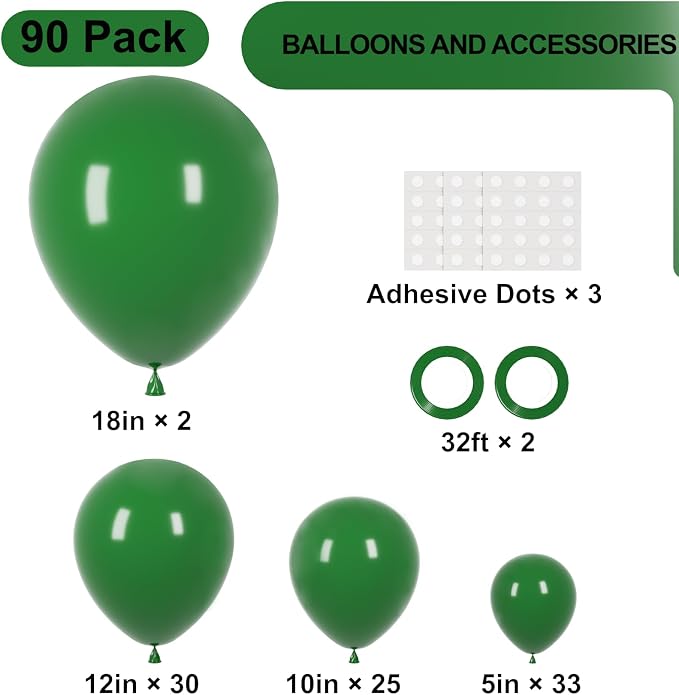 Voircoloria 90pack Dark Green Balloons Different Size 18/12/10/5 Inch Green Balloon Garland Arch Kit for Birthday, Graduation, St. Patrick's Day, Christmas, Baby Shower, Dinosaur Party Decorations