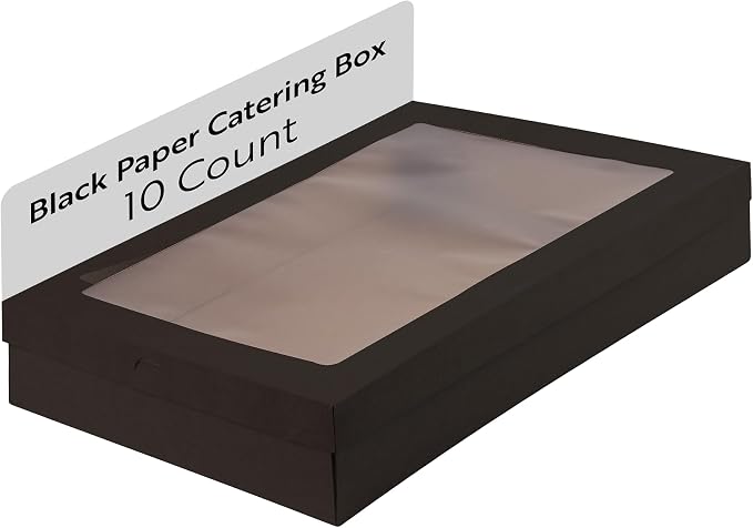 Restaurantware Cater Tek 22.2 x 10 x 3.2 Inch Baked Goods Boxes 10 Greaseproof Pastry Boxes - Window Lids Insert Tab Lock Black Paper Catering Boxes Easy Assembly For Charcuterie Or Cupcakes