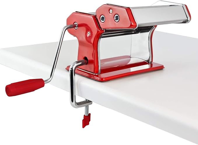 Stainless Steel Manual Pasta Maker Machine | With Adjustable Thickness Settings | Perfect for Professional Homemade Spaghetti and Fettuccini | Includes Removable Handle and Clamp (Red)