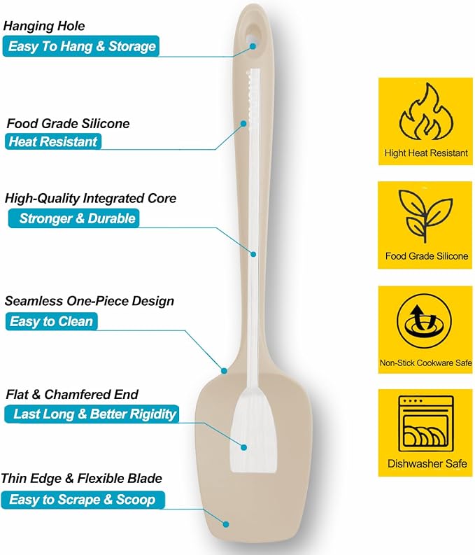 Silicone Spatula Set, High Heat Resistan Rubber Spoon Spatula, Non-Stick Spoonula with Seamless One Piece Design, Flexible Scrapers Baking Mixing Tool,3 Pack, Khaki