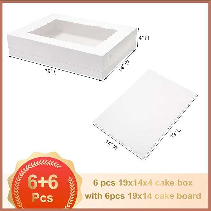 Mefleet 6pcs 19x14x4 Half Sheet Cake Boxes with 6pcs Cake Boards Rectangle 1/2 Sheet Bakery Boxes with Window for Pastry Baking Cake, Cupcakes, Donuts, Cookies, Pie Treat Packaging White Large
