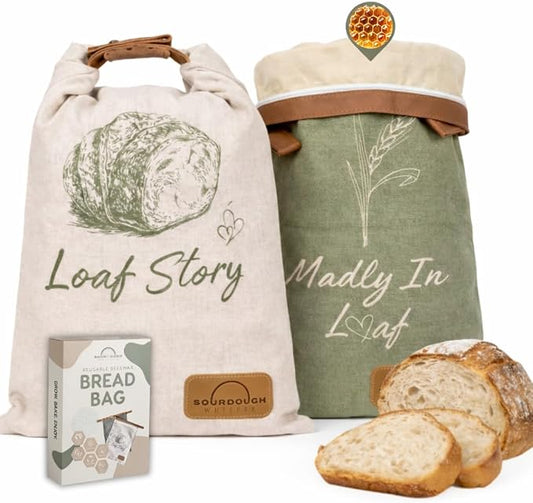 LOAF STORY By Sourdough Whisper, Double Lock Reusable Beeswax Bread Bags, Fully Open Zipper + Roll Top Seal, XL Airtight Bread Storage for Freezer & Fridge, 2 Pack