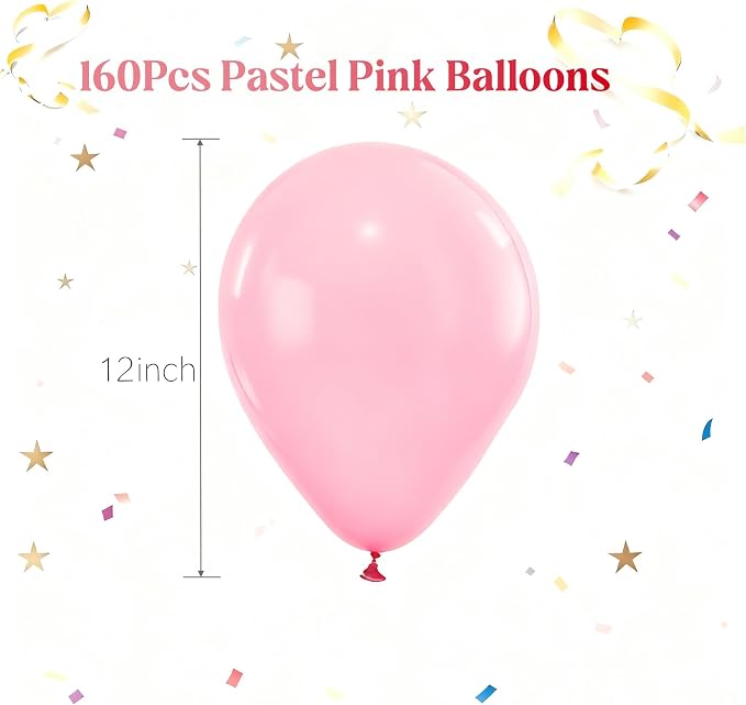 160Pcs Pastel Pink 12 Inch Pink Latex Party Balloons for Wedding Bridal Shower Gender Reveal Birthday Party Decoration