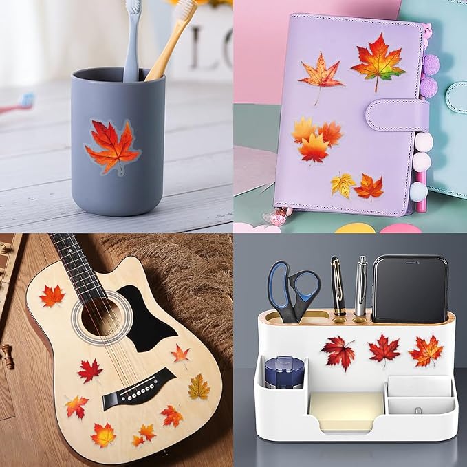 Maple Leaf Stickers Pack, 60PCS Colorful Transparent Sticker Waterproof PET Stickers for Laptop, Stationery, Luggage, Scrapbooking, Water Bottles, Gifts Party Decorations