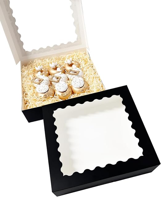 Bakepacker 20pcs Black Pie Boxes 12x12x3 inches Easy Assemble Macaroon Cookie Boxes Bakery Boxes with Window for Bakery (Auto-pop Up)