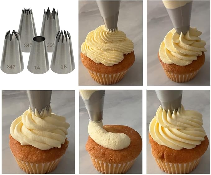 Large Piping Tips Set, Cake Decoration Tools | 5 Pieces Stainless Steel Cookie Decorating Kit, Pastry Nozzles, Frosting Icing Tips, 1A 1E 347 348 356, Baking Cupcake