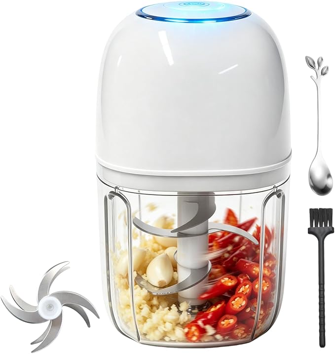 2026 New 450ML Electric Garlic Chopper, Powerful Portable Mini Food Processor, 1 Head 8 Blades, Partition Panel, Brush and Spoon, Garlic Mincer Electric for Ginger, Chili, Fruit, Meat, Onion, etc