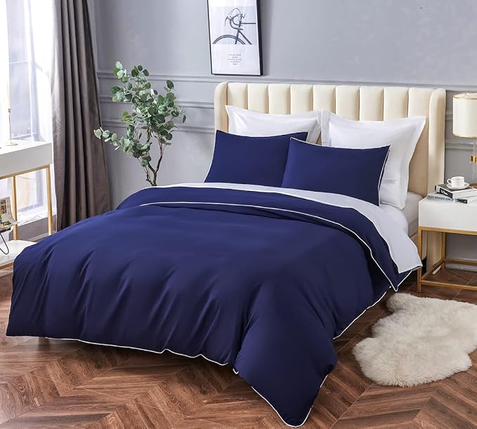 DAUAOTO Duvet Cover King Set, Navy Blue Microfiber Bedding with Decorative White Piping, 1 Zipper Closure Cover + 2 Shams
