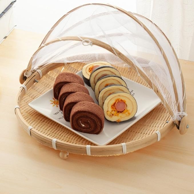 Handmade Woven Storage Basket with Foldable Net Cover, Natural Rattan Kitchen Organizer for Fruit Bread, Mesh Dome Sundries Container, Portable Snack(Small)