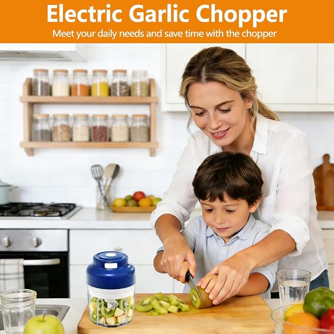 Electric Garlic Chopper, Upgrade 6 Blades, 320ML Wireless Food Processor, Mini Grinder for Kitchen,Mashing Nuts Chili Onion Minced Meat and Spices USB Rechargeable