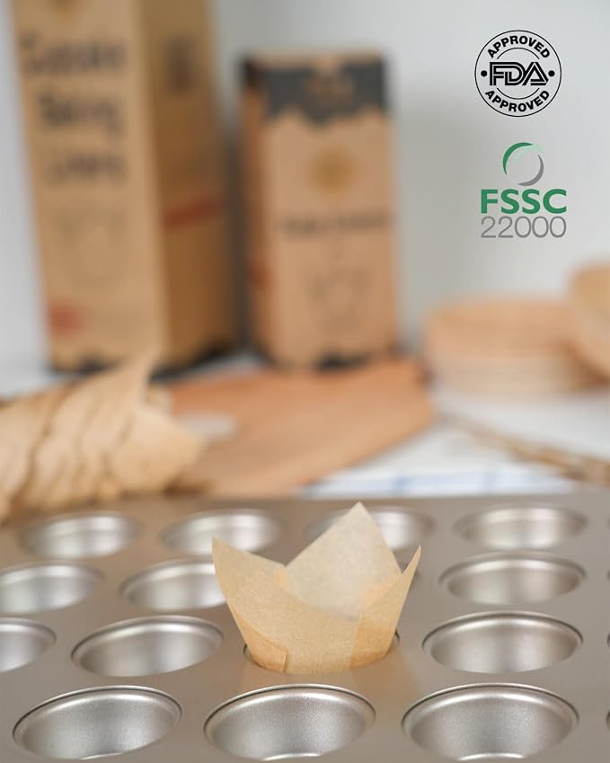 Bake Choice 200pcs Natural Mini Tulip Cupcake Liners for Baking Cups, Unbleached, Greaseproof EU Parchment paper, Mini Tulip Muffin Liners for Party, Christmas, Valentines
