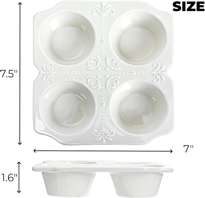 Hiceeden 2 Pack 4-Cup Ceramic Muffin Pan, Nonstick Muffin Tin with Handle, Ceramic Cupcake Baking Pans with Embossed Pattern for Muffin, Cupcake, White, 7.5" x 7" x 1.6"