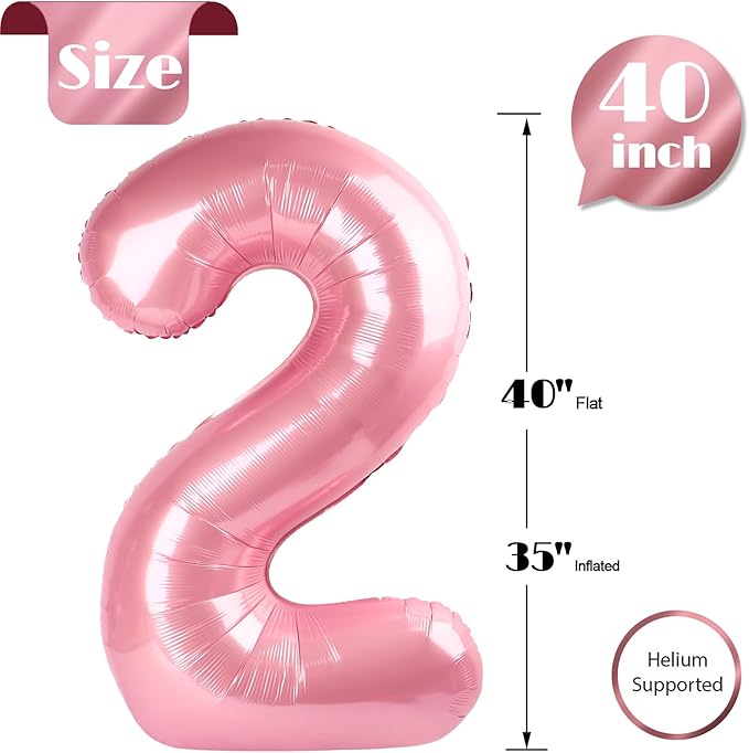 Pearlescent Pink 2 Balloon, Number Balloons 40 Inch, 2nd Balloon Number Birthday Decorations, Second Two Birthday Party Supplies, Number 2 Balloon