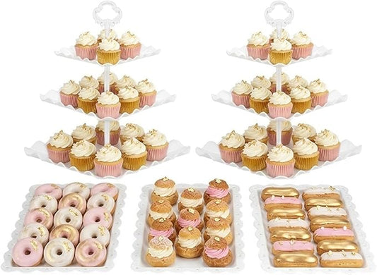 NWK 5 Piece Cake Stand Set with 2 x Large 3-Tier Cupcake Stands, 3 x Appetizer Trays, for Wedding Birthday Baby Shower Tea Party Decorations (White)