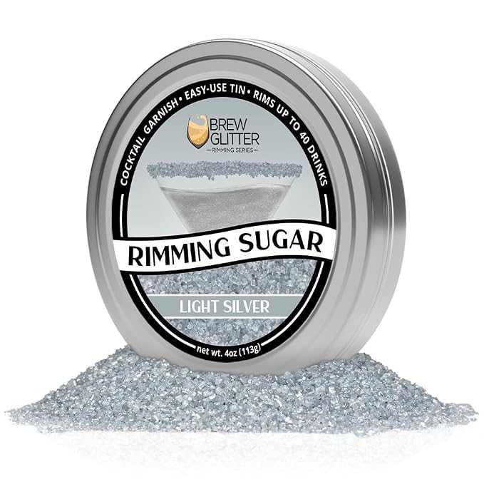 Brew Glitter - Light Silver Rimming Sugar (4oz, 1x Bar Tin) Cocktail Garnish for Mixed Drinks & Refreshments