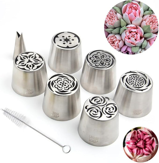 8 Pieces Stainless Steel Extra Large Russian Tulip Icing Tips Kit, 6 Russian Cupcake Dessert Marshmallow Piping Nozzle,1 Cleaning Brush,1 Medium Leaf Icing Tip for Cake Decorations,Pastry Baking Tools