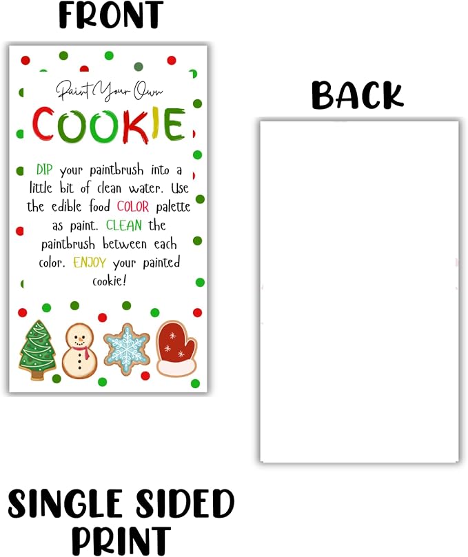 Paint Your Own Cookie Instruction Cards 50pk 3.5x2” for Christmas Holiday Sugar Cookies DIY Decorating Kit Bakers Care Bulk Guide Clients Food Coloring
