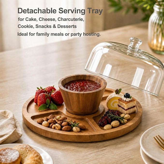 Acacia Wood Cake Stand with Lid, 11.4" Cake Stand with Acrylic Dome, 2-In-1 Cake Display Stand with Magnetic Base, Cake Holder for Charcuterie, Snacks&Desserts for Birthday/Wedding/Kitchen/Party