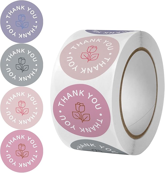 500PCS Thank You Stickers, 1Inch Small Thank You Sticker for Small Business Packaging Roll 8 Colorful Round Labels Stickers for Baking Envelope Seals Gift Wrap Birthday Party Favors (Purple Rose)