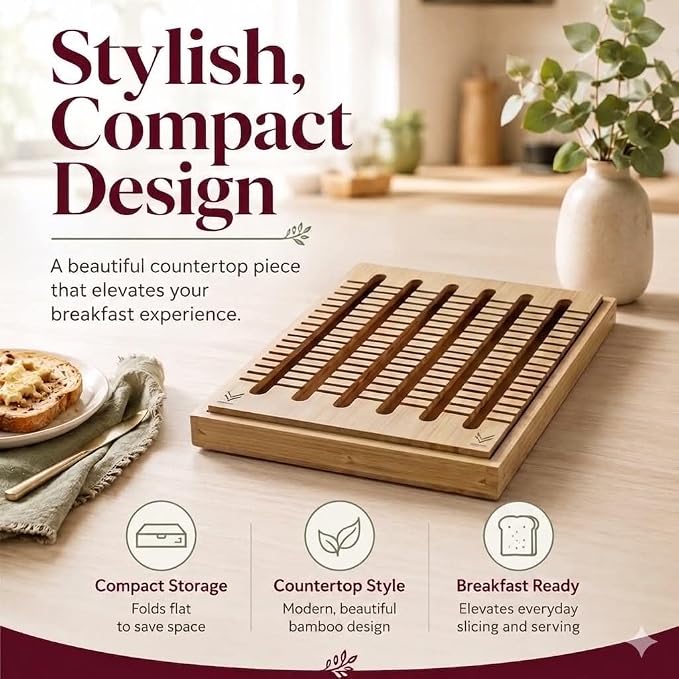 Bread Slicer For Homemade Bread - Fir and Favour Upgraded Adjustable Bamboo Bread Cutter Board - Compact Slicing Guide With Crumb/Serving Tray- Bread Loaf Slicer for Sourdough Gift
