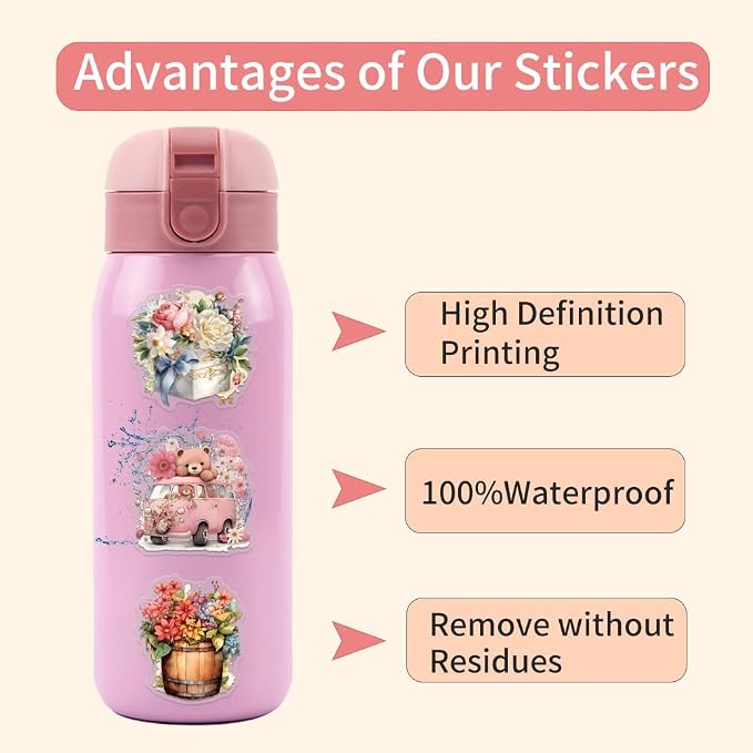 50Pcs Vintage Vogue Watercolor Floral Animal Stickers,PET Transparent Waterproof Girlish Style Sticker Decorative, for Journaling, Decoupage,Planners,laptops,Phone Case,DIY Gift Card Making(Floral)