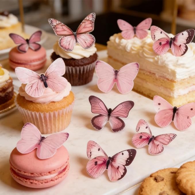 80Pcs Pink Edible Butterfly Cake Decorations Wafer Paper Butterfly Cupcake Toppers Butterflies Cupcake Toppers for Wedding Birthday Anniversary Flower Themed Party Supplies