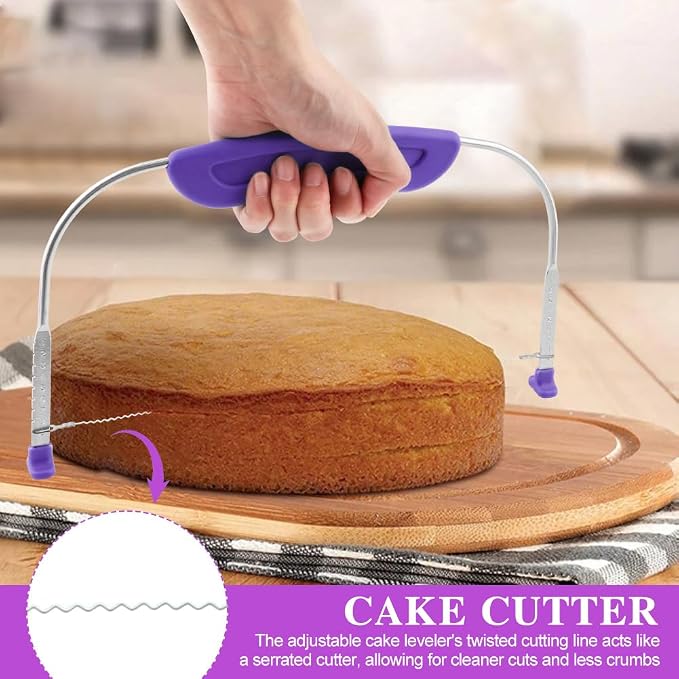 Adjustable Cake Leveler Cutter With 3PCS Cake Scrapers Set,Baking Supplies Tool for Kitchen,Large Size Cake-Cutter Slicer for Leveling,Single Stainless Steel Wire & Plastic Handle(COLOR:Purple)