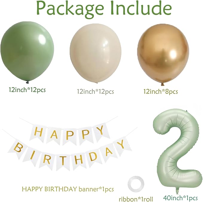 Sage 2nd Birthday Decorations For Boy -12 Inch Sage Balloons, 40 Inch 2 Balloon,, Happy Birthday Banner for Two Year Old BD Party Decorations