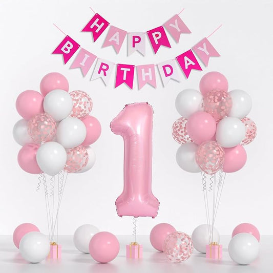 First Birthday Decorations for Girl - Pink Balloon Set With White Confetti, 40-inch '1' Balloon and Happy Birthday Banner for Baby Princess